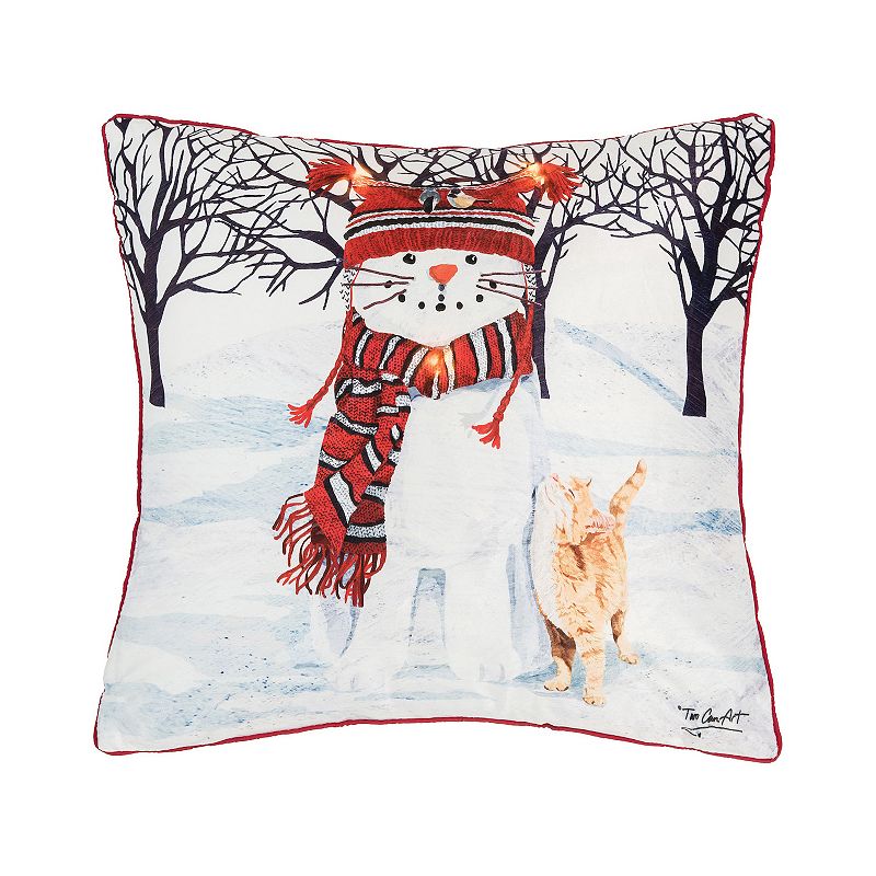 C&F Home Snow Cat LED Christmas Throw Pillow, White, 18X18
