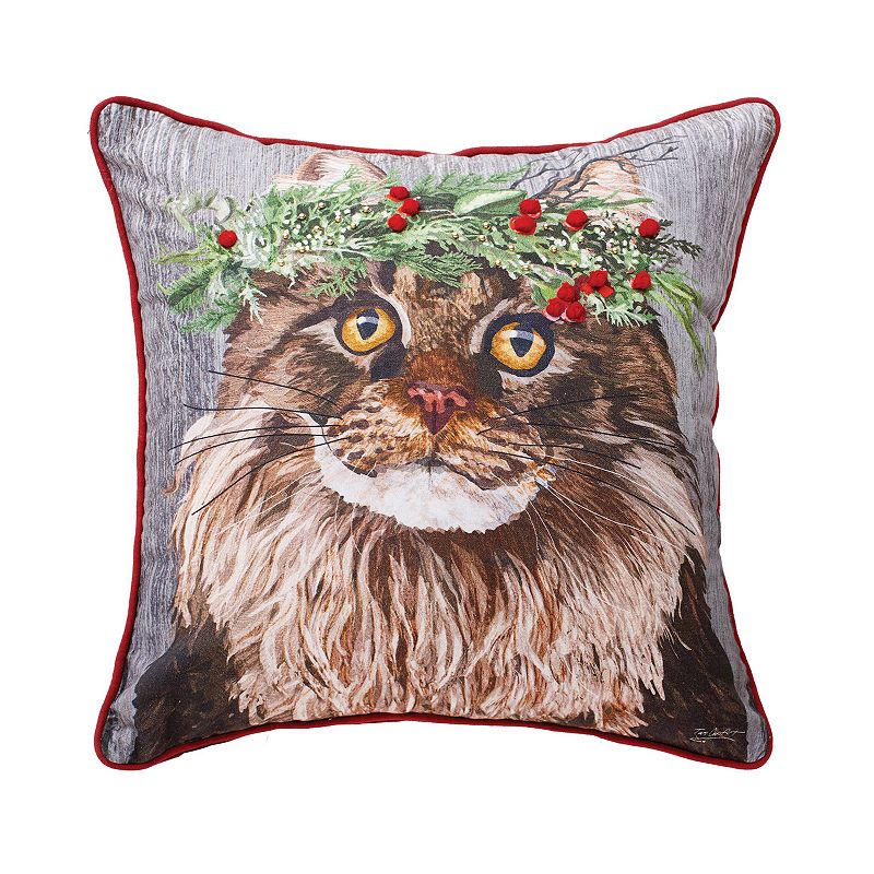 C&F Home Cat Flower Crown Christmas Throw Pillow, Brown, 18X18