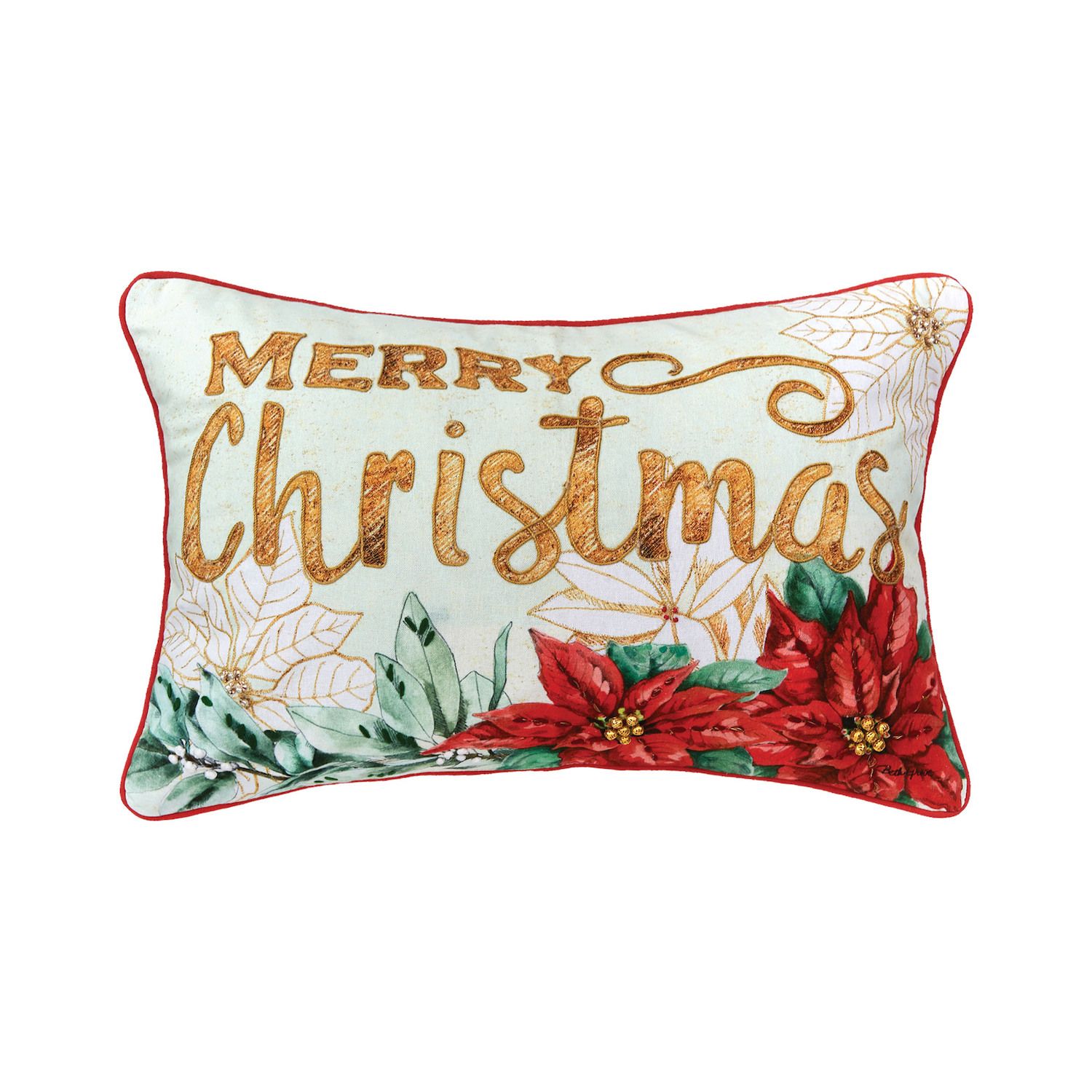 Lighted Embroidered Holiday Throw Pillows - Poinsettia