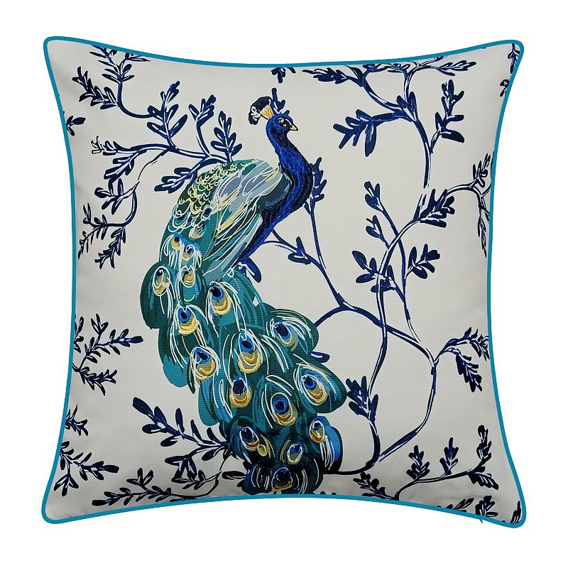 Edie@Home Indoor Outdoor Peacock Print with Embroidery Throw Pillow, Blue, 