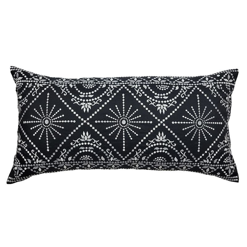 Edie@Home Indoor Outdoor Embroidered Tile Oblong Throw Pillow, Black, 15X30