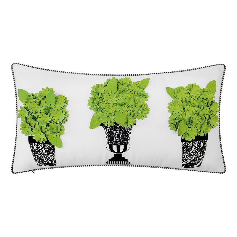 Edie@Home Indoor Outdoor Dimensional Topiary Lumbar Crewel Embroidered Pots Throw Pillow, Green