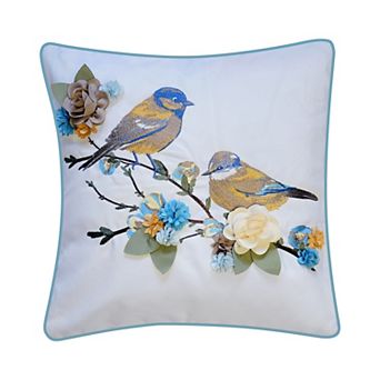Edie@Home Indoor Outdoor Embroidered Birds on Floral Branch Throw Pillow