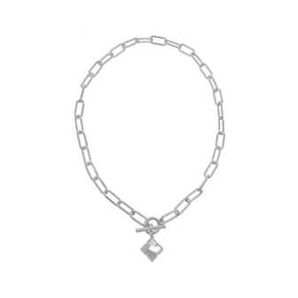 Adornia Brass Flower & Mother of Pearl Paper Clip Chain Toggle Necklace