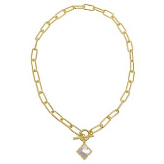 Adornia Brass Flower & Mother of Pearl Paper Clip Chain Toggle Necklace