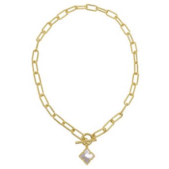 Adornia Brass Flower & Mother of Pearl Paper Clip Chain Toggle Necklace