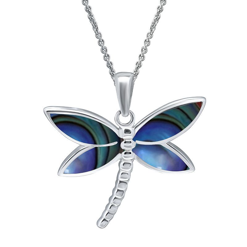 Aleure Precioso Silver Plated Abalone Dragonfly Pendant Necklace, Womens,