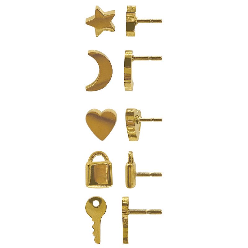 Adornia 14k Gold Plated Single Stud Earrings 5-Pack Set, Womens