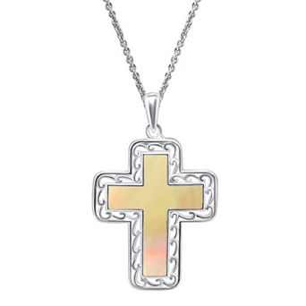 Aleure Precioso Silver Plated Abalone Cross Pendant Necklace