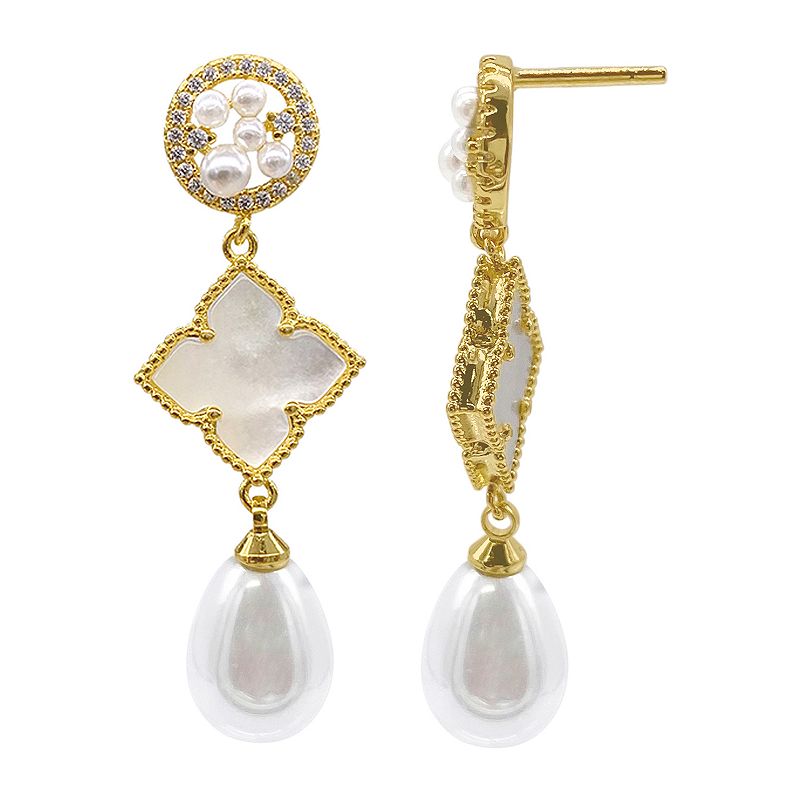 Adornia 14k Gold Plated 3-Tier Flower White Mother-of-Pearl Drop Earrings, 