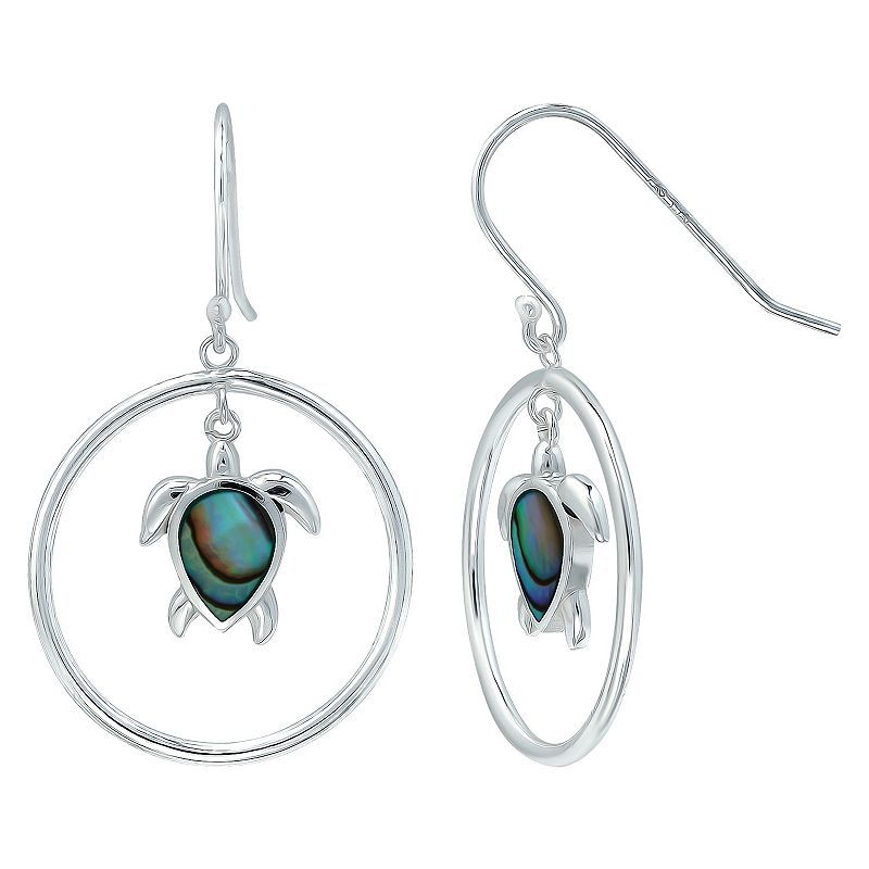 Aleure Precioso Silver Plated Circle with Abalone Turtle Drop Earrings, Wom