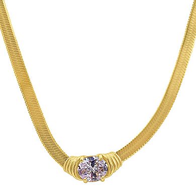 Adornia 14k Gold Plated Herringbone Chain Necklace with Crystal
