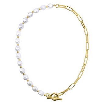 Adornia 14k Gold Plated Simulated Pearl & Paper Clip Chain Toggle Necklace