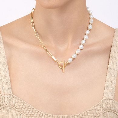 Adornia 14k Gold Plated Simulated Pearl & Paper Clip Chain Toggle Necklace