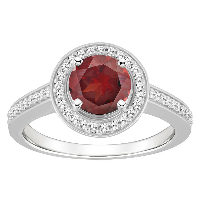 Celebration Gems Sterling Silver 7 mm Round Gemstone & 1/5 Carat T.W. Diamond Halo Ring, Women's, Size: 9, Red