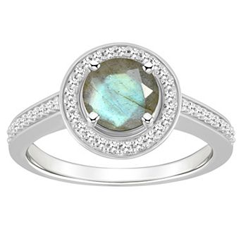 Celebration Gems Sterling Silver 7 mm Round Gemstone & 1/5 Carat T.W. Diamond Halo Ring