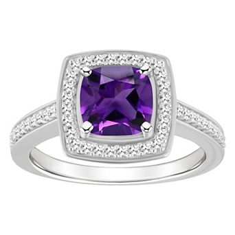 Celebration Gems Sterling Silver 7 mm Cushion Gemstone & 1/4 Carat T.W. Diamond Halo Ring