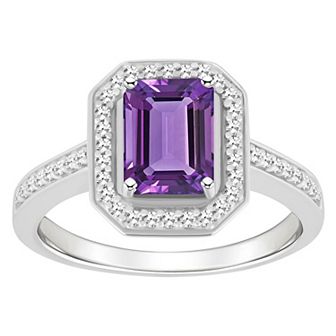 Celebration Gems Sterling Silver 8 mm x 6 mm Emerald Cut Gemstone & 1/5 Carat T.W. Diamond Halo Ring