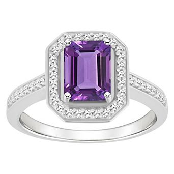 Celebration Gems Sterling Silver 8 mm x 6 mm Emerald Cut Gemstone & 1/5 Carat T.W. Diamond Halo Ring