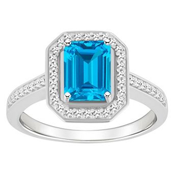 Celebration Gems Sterling Silver 8 mm x 6 mm Emerald Cut Gemstone & 1/5 Carat T.W. Diamond Halo Ring