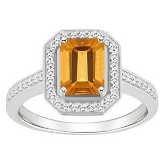 Celebration Gems Sterling Silver 8 mm x 6 mm Emerald Cut Gemstone & 1/5 Carat T.W. Diamond Halo Ring