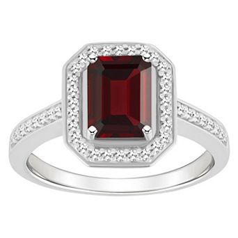 Celebration Gems Sterling Silver 8 mm x 6 mm Emerald Cut Gemstone & 1/5 Carat T.W. Diamond Halo Ring