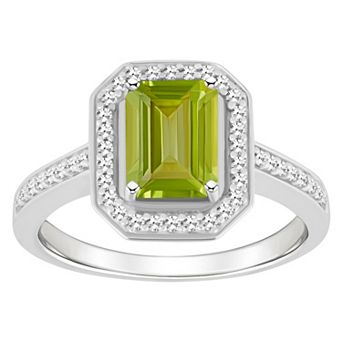 Celebration Gems Sterling Silver 8 mm x 6 mm Emerald Cut Gemstone & 1/5 Carat T.W. Diamond Halo Ring