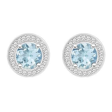 Celebration Gems Sterling Silver Round Gemstone 1/5 Carat T.W. Diamond Halo Stud Earrings