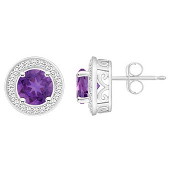 Celebration Gems Sterling Silver Round Gemstone & 1/5 Carat T.W. Diamond Halo Stud Earrings