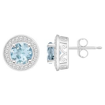 Celebration Gems Sterling Silver Round Gemstone & 1/5 Carat T.W. Diamond Halo Stud Earrings
