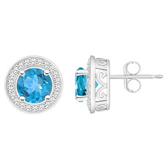 Celebration Gems Sterling Silver Round Gemstone & 1/5 Carat T.W. Diamond Halo Stud Earrings