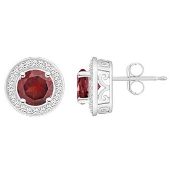 Celebration Gems Sterling Silver Round Gemstone & 1/5 Carat T.W. Diamond Halo Stud Earrings