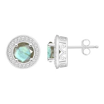 Celebration Gems Sterling Silver Round Gemstone & 1/5 Carat T.W. Diamond Halo Stud Earrings