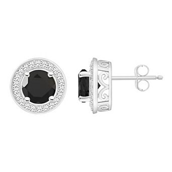 Celebration Gems Sterling Silver Round Gemstone & 1/5 Carat T.W. Diamond Halo Stud Earrings