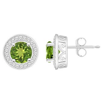 Celebration Gems Sterling Silver Round Gemstone & 1/5 Carat T.W. Diamond Halo Stud Earrings