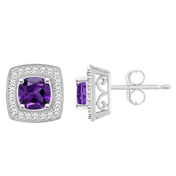 Celebration Gems Sterling Silver Cushion Gemstone & 1/5 Carat T.W. Diamond Halo Stud Earrings
