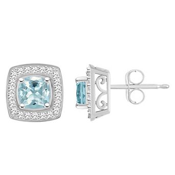 Celebration Gems Sterling Silver Cushion Gemstone & 1/5 Carat T.W. Diamond Halo Stud Earrings