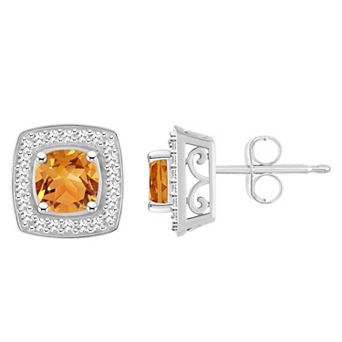 Celebration Gems Sterling Silver Cushion Gemstone & 1/5 Carat T.W. Diamond Halo Stud Earrings