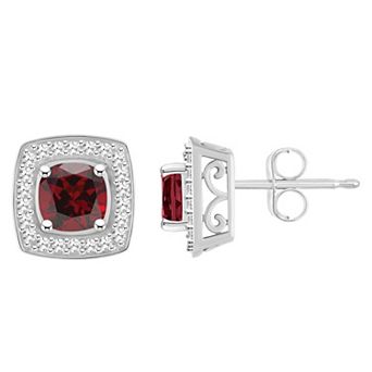 Celebration Gems Sterling Silver Cushion Gemstone & 1/5 Carat T.W. Diamond Halo Stud Earrings
