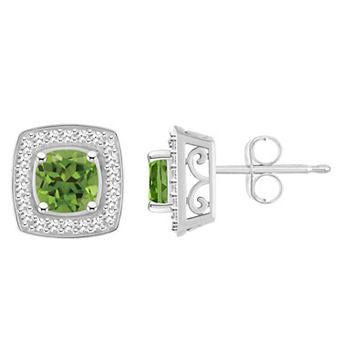 Celebration Gems Sterling Silver Cushion Gemstone & 1/5 Carat T.W. Diamond Halo Stud Earrings