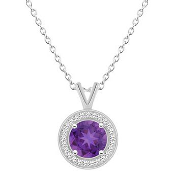 Celebration Gems Sterling Silver Round Gemstone & 1/8 Carat T.W. Diamond Halo Pendant Necklace
