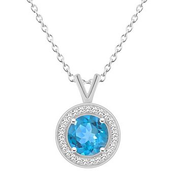 Celebration Gems Sterling Silver Round Gemstone & 1/8 Carat T.W. Diamond Halo Pendant Necklace