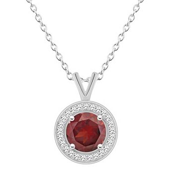 Celebration Gems Sterling Silver Round Gemstone & 1/8 Carat T.W. Diamond Halo Pendant Necklace
