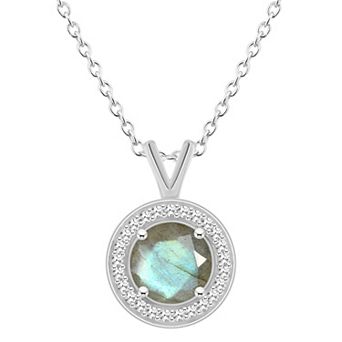 Celebration Gems Sterling Silver Round Gemstone & 1/8 Carat T.W. Diamond Halo Pendant Necklace