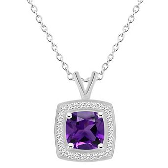 Celebration Gems Sterling Silver Cushion Gemstone & 1/8 Carat T.W. Diamond Halo Pendant Necklace