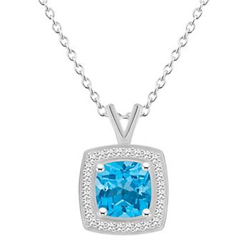 Celebration Gems Sterling Silver Cushion Gemstone & 1/8 Carat T.W. Diamond Halo Pendant Necklace
