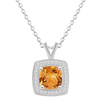 Celebration Gems Sterling Silver Cushion Gemstone & 1/8 Carat T.W. Diamond Halo Pendant Necklace