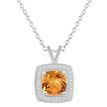Celebration Gems Sterling Silver Cushion Gemstone & 1/8 Carat T.W. Diamond Halo Pendant Necklace