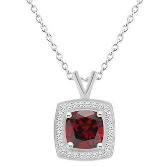 Celebration Gems Sterling Silver Cushion Gemstone & 1/8 Carat T.W. Diamond Halo Pendant Necklace