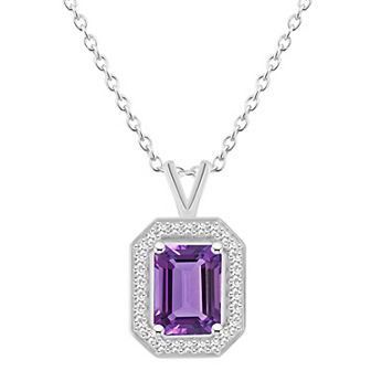 Celebration Gems Sterling Silver Emerald Cut Gemstone & 1/8 Carat T.W. Diamond Halo Pendant Necklace